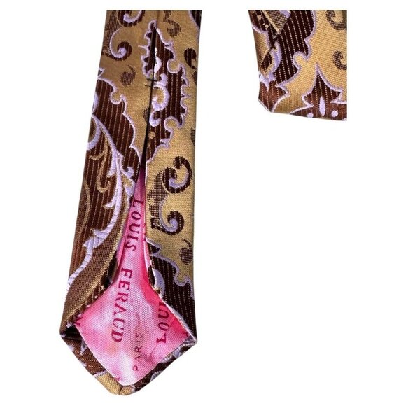Louis Feraud Paris Designer Silk Tie brown/gold Geometric Pattern 4.5" - Picture 4 of 6